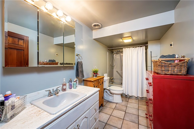 full bathroom with shower / bathtub combination with curtain, tile patterned flooring, vanity, and toilet