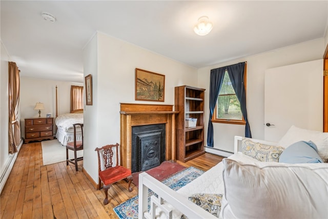 living room with a baseboard radiator and light hardwood / wood-style flooring