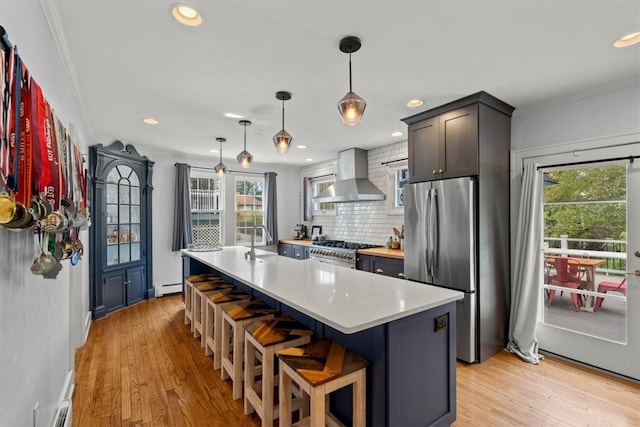 kitchen with light hardwood / wood-style floors, wall chimney exhaust hood, stainless steel appliances, and an island with sink