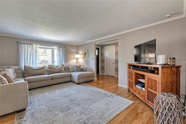 living room featuring wood-type flooring and crown molding