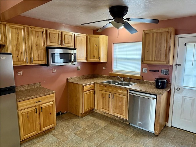 kitchen with ceiling fan, sink, and stainless steel appliances