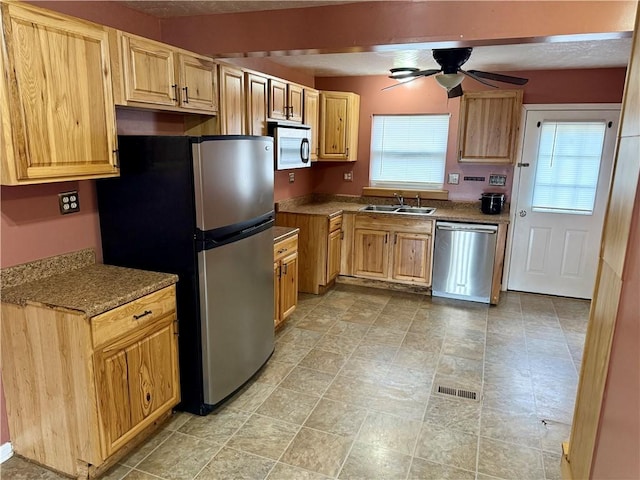 kitchen with a healthy amount of sunlight, ceiling fan, sink, and stainless steel appliances