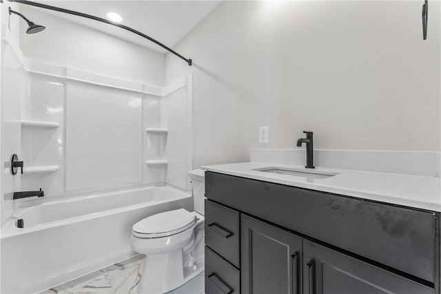 full bathroom with shower / bathing tub combination, vanity, and toilet