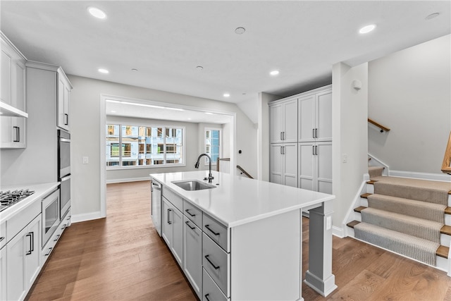 kitchen with appliances with stainless steel finishes, light hardwood / wood-style floors, sink, and an island with sink