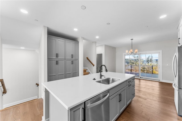 kitchen with gray cabinets, a center island with sink, sink, and stainless steel appliances