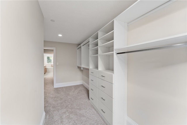 walk in closet with light carpet