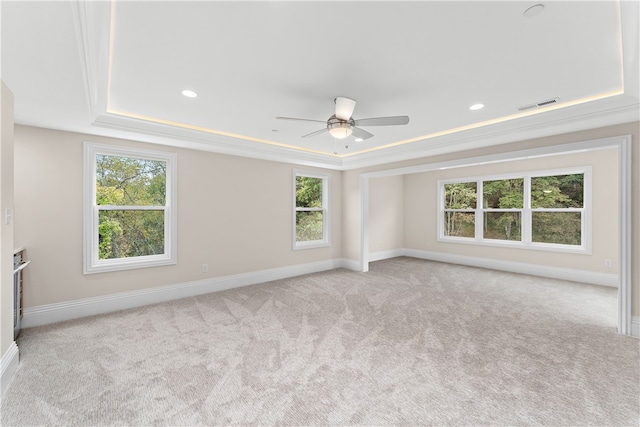 carpeted spare room with ceiling fan, a raised ceiling, ornamental molding, and a healthy amount of sunlight