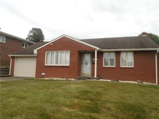 single story home featuring a garage and a front yard