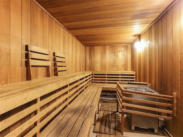 view of sauna / steam room with wood ceiling and wooden walls