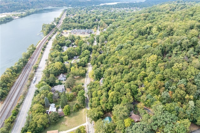 bird's eye view with a water view