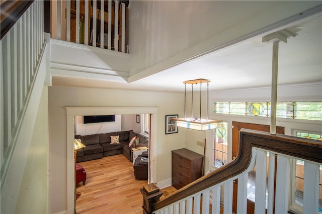 stairway with hardwood / wood-style floors