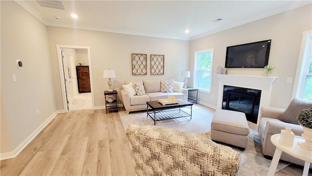 living area featuring light wood-style floors, plenty of natural light, baseboards, a glass covered fireplace, and crown molding
