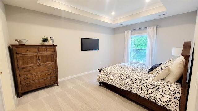 bedroom featuring a raised ceiling and light colored carpet