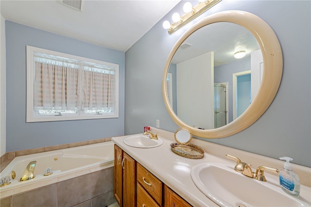 bathroom with vanity and plus walk in shower