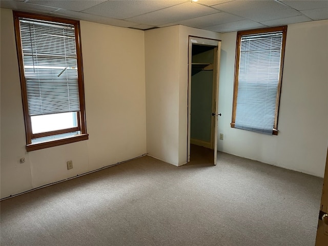 unfurnished bedroom featuring a drop ceiling, a closet, and carpet flooring