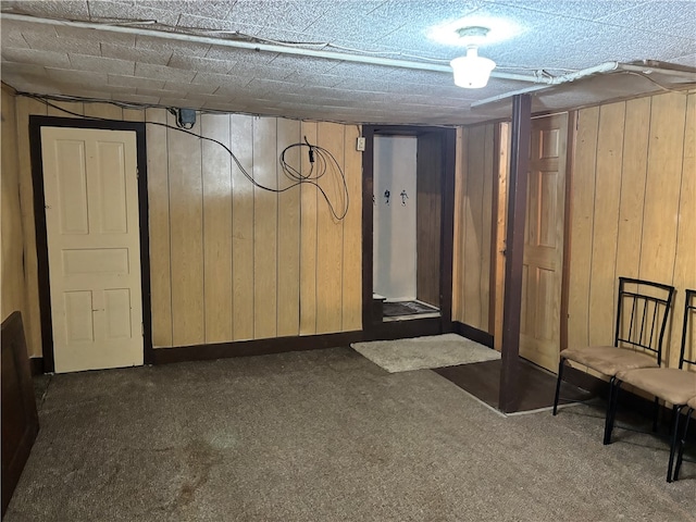 interior space with wooden walls and dark colored carpet