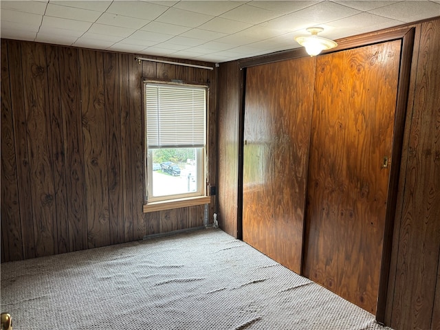 empty room featuring light colored carpet and wooden walls