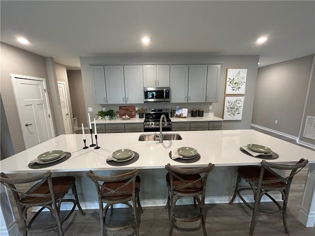 kitchen featuring gray cabinetry, stainless steel appliances, a large island, and sink