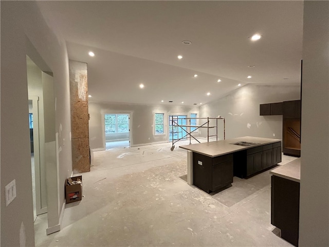 interior space featuring a center island and lofted ceiling