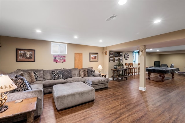 living room featuring pool table and dark hardwood / wood-style flooring