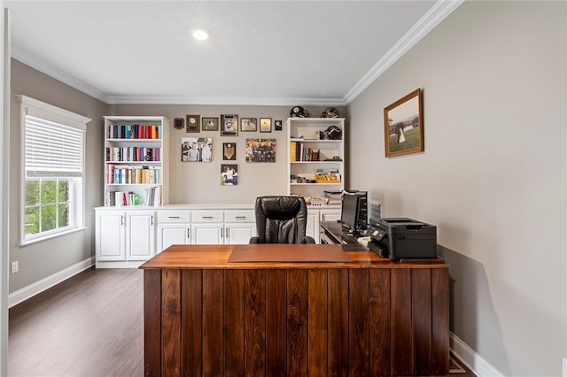 office area featuring ornamental molding and dark wood-type flooring