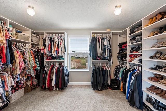 walk in closet with light carpet