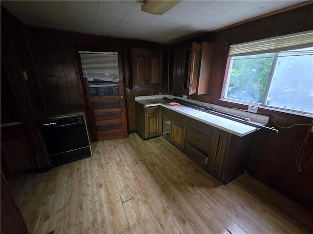 kitchen featuring light wood-type flooring, wood walls, and dark brown cabinets