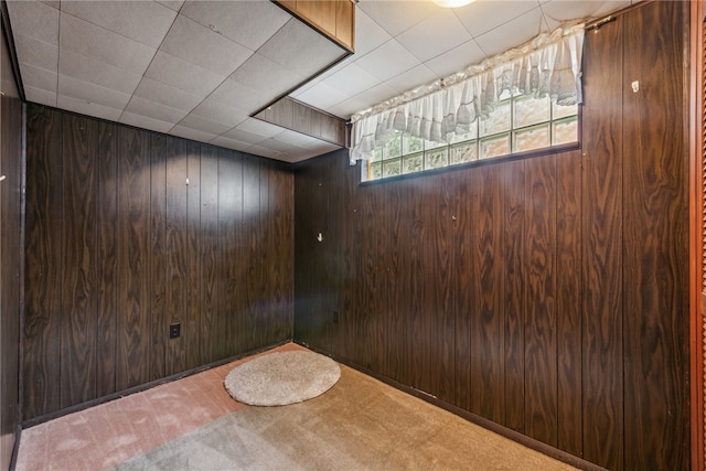 carpeted spare room featuring wooden walls