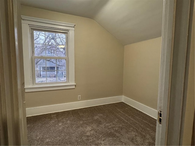 additional living space featuring dark colored carpet and lofted ceiling