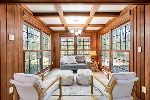 sunroom / solarium featuring coffered ceiling, a baseboard heating unit, beamed ceiling, and a notable chandelier