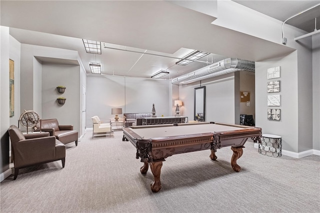 recreation room with carpet flooring and billiards