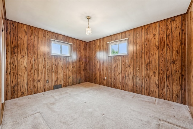 spare room featuring carpet, wood walls, and a wealth of natural light