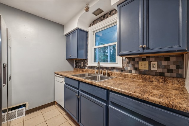 kitchen with light tile patterned flooring, sink, tasteful backsplash, blue cabinetry, and dishwasher