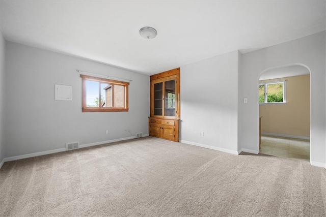 unfurnished room featuring a healthy amount of sunlight and light colored carpet