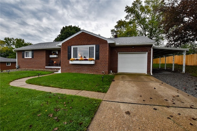 single story home with a carport, a garage, and a front yard