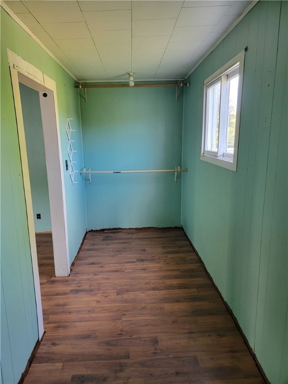 spare room with wood walls and dark wood-type flooring