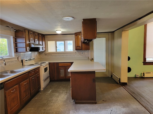 kitchen with backsplash, white electric range oven, a baseboard radiator, stainless steel dishwasher, and sink