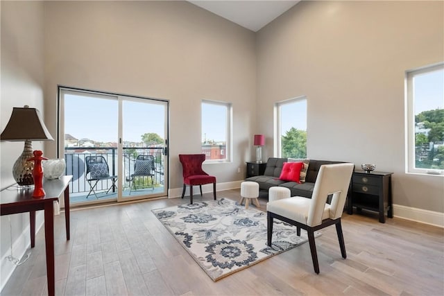 sitting room with light hardwood / wood-style floors and a high ceiling