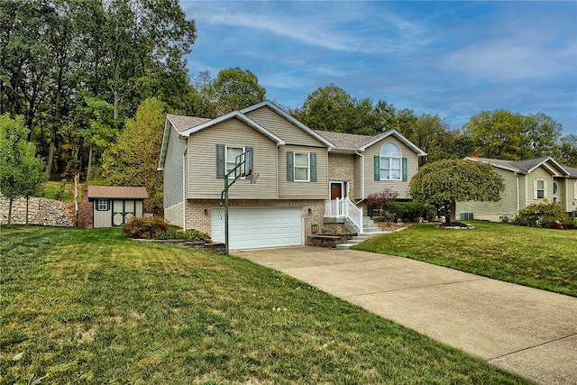 split foyer home featuring a storage unit, central AC, a front yard, and a garage