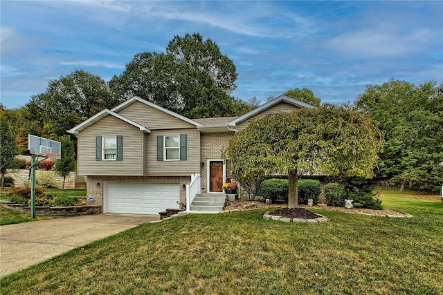 raised ranch with a front lawn and a garage