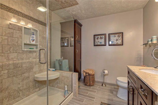 bathroom featuring vanity, toilet, and a shower with door