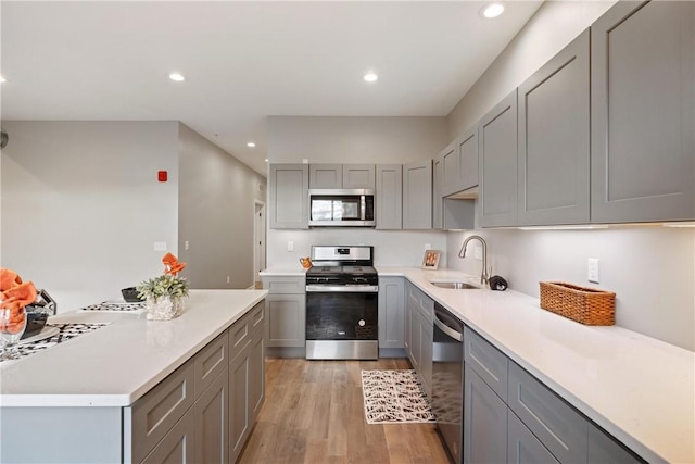 kitchen featuring light hardwood / wood-style flooring, sink, gray cabinets, and stainless steel appliances