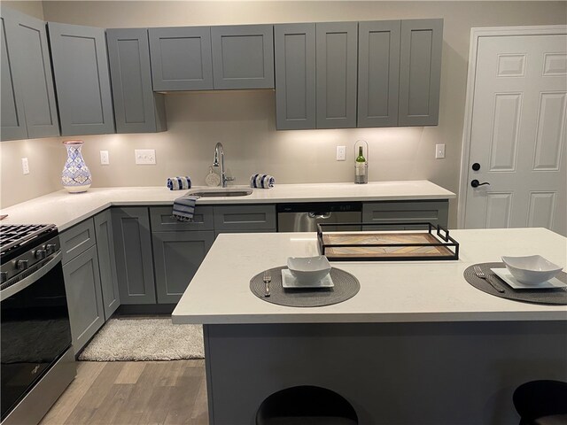 kitchen with sink, gray cabinetry, light hardwood / wood-style floors, and stainless steel appliances