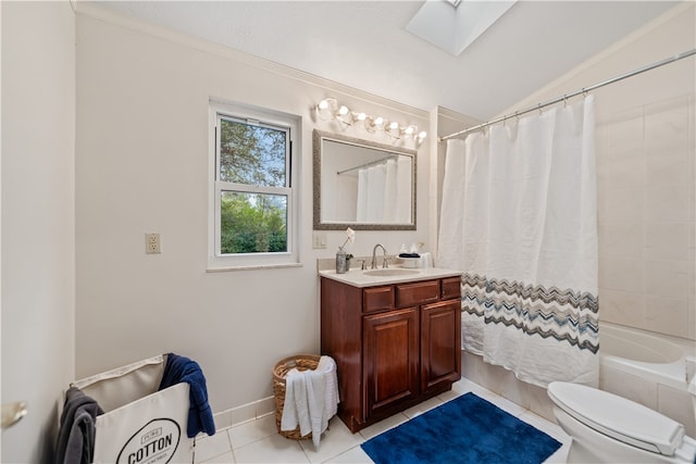 full bathroom with shower / bathtub combination with curtain, vanity, lofted ceiling, tile patterned flooring, and toilet