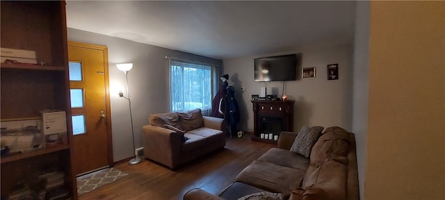 living room with dark hardwood / wood-style floors