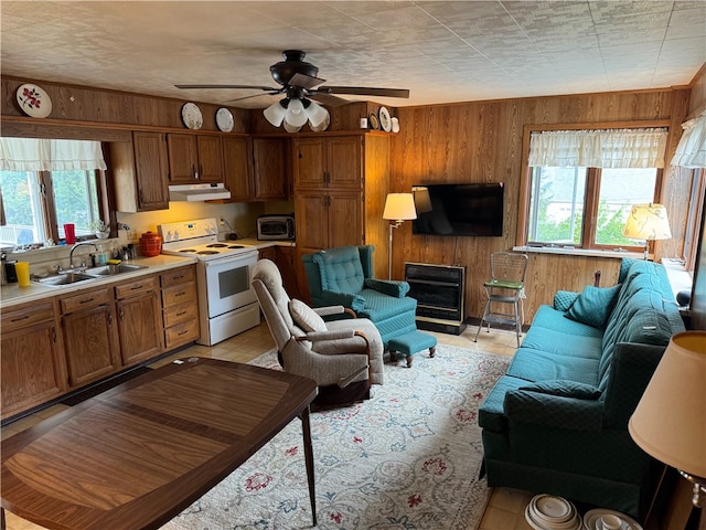 kitchen featuring ceiling fan, sink, plenty of natural light, and electric stove