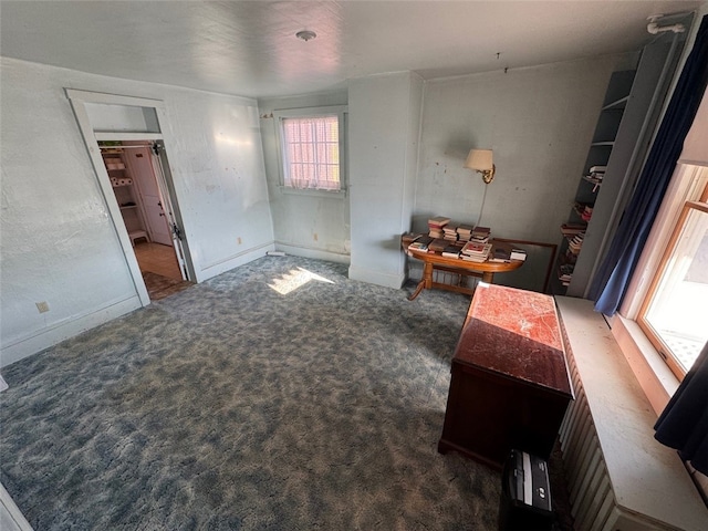 interior space featuring dark colored carpet