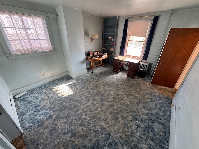 interior space featuring multiple windows and dark colored carpet