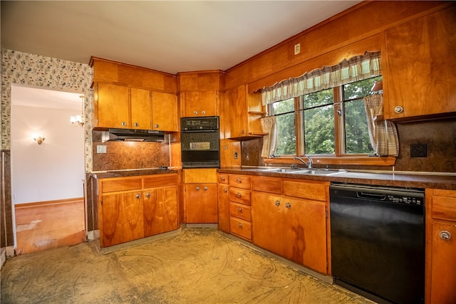 kitchen with black appliances, sink, a chandelier, and tasteful backsplash