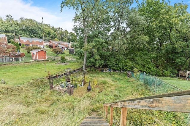 view of yard with a storage shed